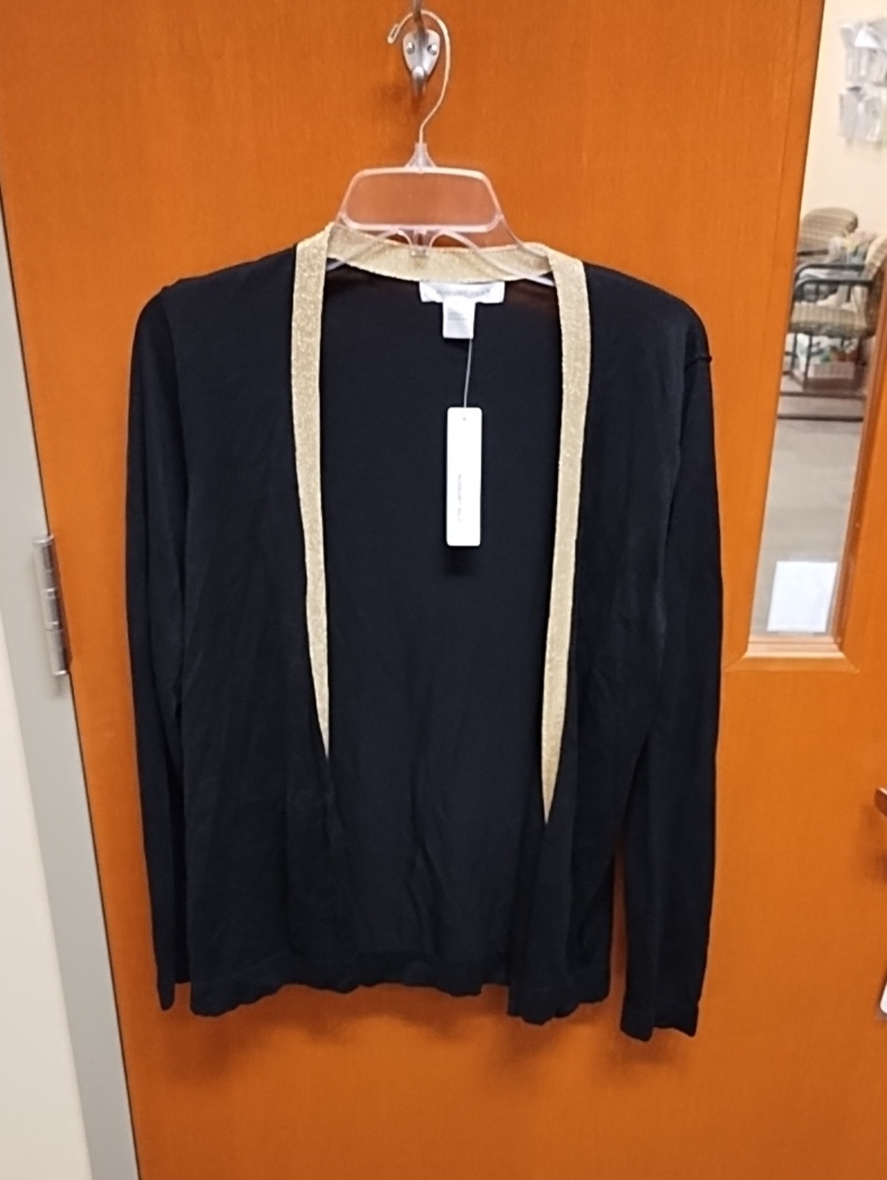 august silk Black Open cardigan with Gold Metallic Trim